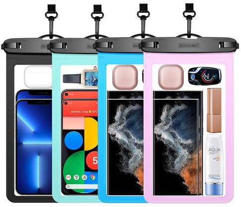 4 Pack 10.5“ Large Waterproof Phone Pouch - Underwater Clear Cell Holder - Universal Water Proof Dry Bag with Neck Lanyard for iPhone 16 Pro Max Samsung Galaxy with Heavy Case for Beach Swimming Pool