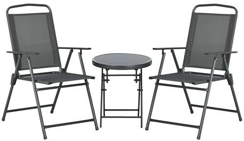 Outsunny Bistro-Set 3-teilig aus Metall Wetterfest Gartenmöbel Set mit klappbar Glastisch Gartenstühlen Outdoor Balkonmöbel Set Sitzgruppe Balkonset Gartengarnitur Dunkelgrau