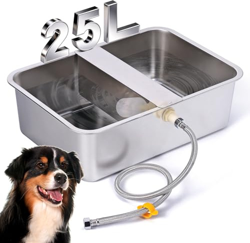 Distributore Automatico di Acqua per Cani da 25L con Valvola Galleggiante, Abbeveratoio per Cani all'Aperto per Due Cani, Ciotola per Acqua per Cani a Gravità in Acciaio Inox (Autocompletar)