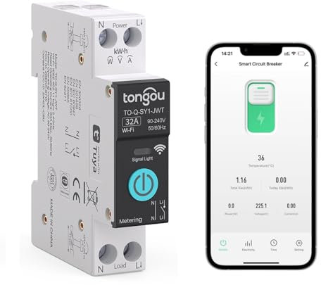 Interrupteur Connecté, Disjoncteur Intelligent WiFi 1P, DIY Interrupteur Intelligent Compatible avec Alexa,Google Assistant, Smart Life, TUYA - Mesure,Commande Vocale et Fonction de Temps (32A)