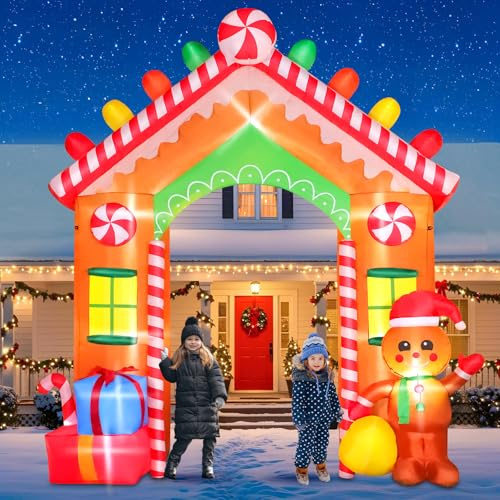 Arco inflable de Navidad de 9 pies, decoración al aire libre, arco de casa de jengibre, decoración de patio con regalos coloridos, decoración de Navidad, luces LED integradas para jardín, césped