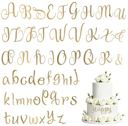 Lot de 54 lettres de A à Z - Décoration de gâteau - Lettres majuscules et minuscules - Acrylique doré - Épaisseur : 1 mm - Convient pour mariage, anniversaire, fête (B)