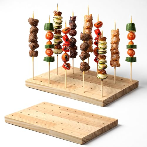 Oqqlin 2 Pcs Wooden Food Skewers Holder, 11.42 x 7.87 Inch Rectangle Fruit Kabobs Skewer Stands 90 Holes Cocktail Pick Holders for Birthday, Party, Buffet