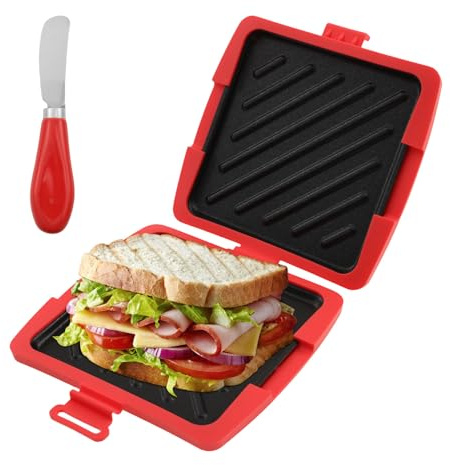 Sandwichera Microondas Silicone Inalámbrico 15CM Desmontable Microondas Toastie Sandwich Silicona con Cuchillo Mantequilla para Desayuno Empresa RV Dormitorio (Rojo)
