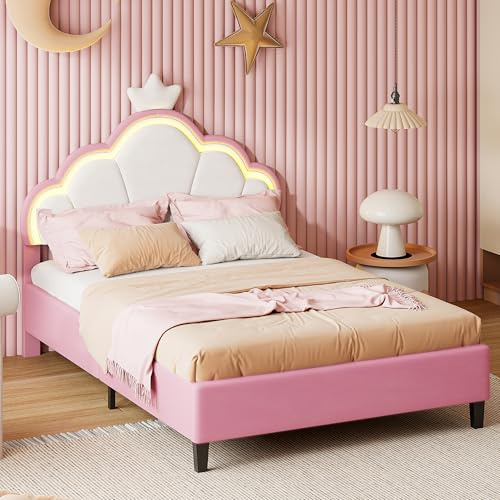 KSFASHZ Velvet Upholstered Bed 135x190 for Teen Girls, Double Bed Frame with Wooden Slat, LED Princess Crown Headboard, Height Adjustable (No Mattress)