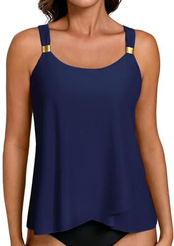 Hanna Nikole Costume da Donna Tankini Costume da Bagno con Top Integrato, Top Tankini con Reggiseno Integrato, Top con Effetto Push Up e Vita Alta, Costume da Bagno con Scollo a U, senza Fondo, Blu
