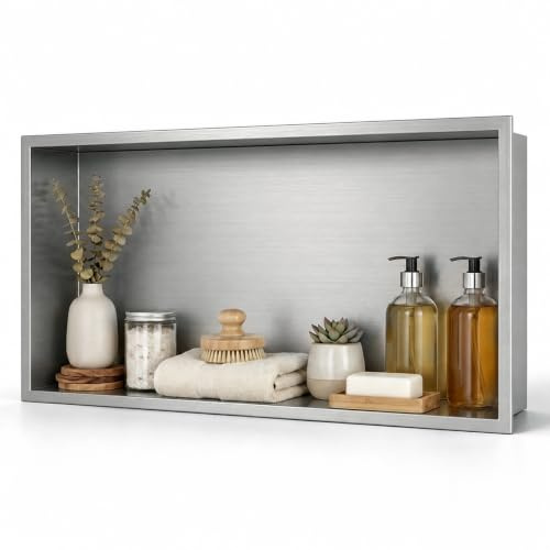 Fushabana 304 Stainless Steel Shower Niche 60×30×10 cm, Recessed Wall Storage Shelf, Embedded Wall Niche, 92° Drainage, Rustproof Bathroom Niche, Silver Finish (without Light)
