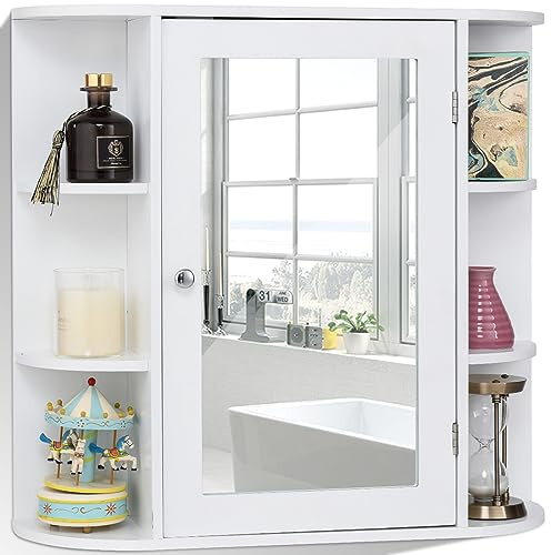 COSTWAY Mobile da Bagno 66 x 17 x 63cm, Armadietto da parete con Specchio, Ante e Mensola Regolabile, Armadietto Moderno e Multiuso, Bianco