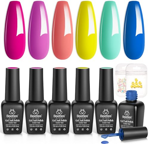 Beetles Gel Nagellack Set, 6 Sommer Farben Gel Polish leuchtende Regenbogen Nagelkunst Orange Blau Pink Grün Neon Nagelgel Set DIY-Nagelkunst Geschenk für Mädchen Poolparty Urlaubsmaniküre