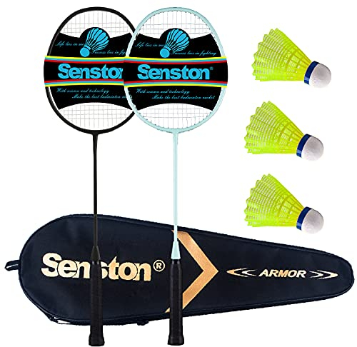 Senston Badmintonschläger Leichtgewicht Carbon-Fiber Badminton Set mit 3 Federbälle für Einsteiger, Freizeitunterhaltung, Familienfeiern