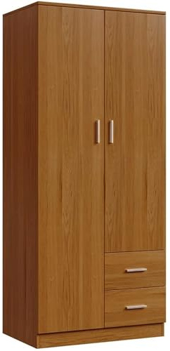 Panana Wooden 2 Door 2 Drawer Wardrobe with Shelf and Hanging Rail Modern Clothes Storage Cupboards Unit for Bedroom Furniture W 77 * D 50 * H 180cm (Oak Effect)