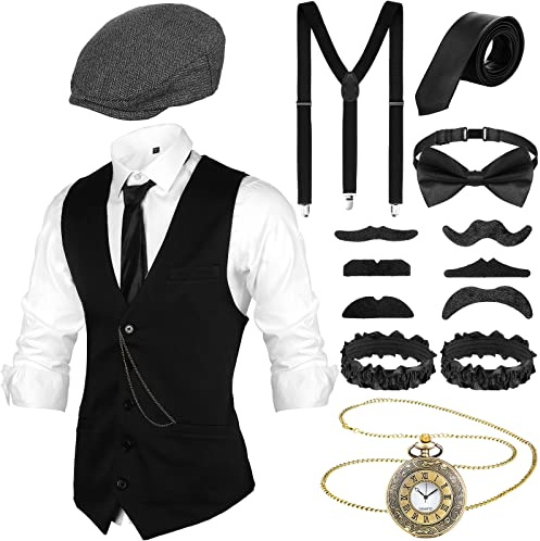Blulu 1920er Herren Gatsby Kostüm Zubehör Set 1920er Männer Kostüm Gangster Kostüm Zubehör Weste Zeitungsjunge Hut Taschenuhr Fliege (M)