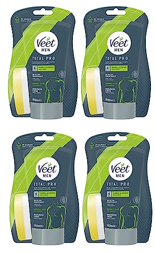 Veet for Men Dusch-Haarentfernungscreme Power Effect – Schnelle & effektive Haarentfernung für Männer in nur 3-6 Minuten – 4 x 150 ml Tube mit Schwamm