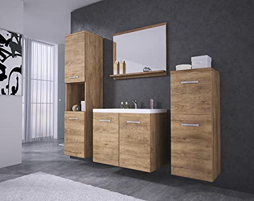 Muebles Slavic Conjunto de Muebles de Baño Roma con Lavabo, Armario Alto, Armario Mediano y Espejo con Estantería, Laminado y Conglomerado de Dolomita, Lefkas