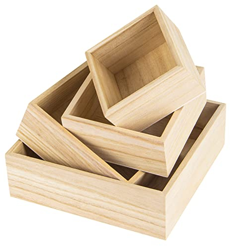 STORMSHOPPING 4 Pack Unfinished Wooden Box, 4 Sizes Rustic Small Square Wood Box for DIY Craft Storage Organizer Centerpiece Home Table Decoration