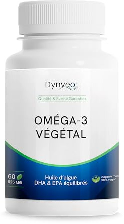 Oméga-3 végétal 625mg - Équilibré en EPA/DHA - Huile naturelle issue de microalgue Schizochytrium sp. - Alternative végétale à l'huile de poisson - Adaptée Vegan & Végétariens - 60 Capsules - Dynveo