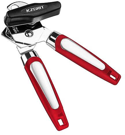 KZGRIT Abrelatas Manual, Acero Inoxidable, Borde Liso, Abridor de Latas Abrebotellas Profesional con Mango Antideslizante y Perilla de Torneado Ergonómica para Ancianos con Artritis(Rojo)