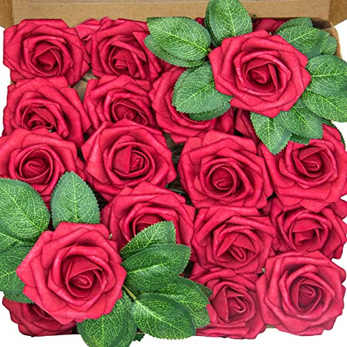 ROYALLATO Artificial Flowers 30pcs Artificial Roses Fake Flowers Red Foam Roses with Stem for Valentines Wedding Flowers Decorations DIY Bridal Bouquets Mothers Day Cake Decorations & Home Decorations