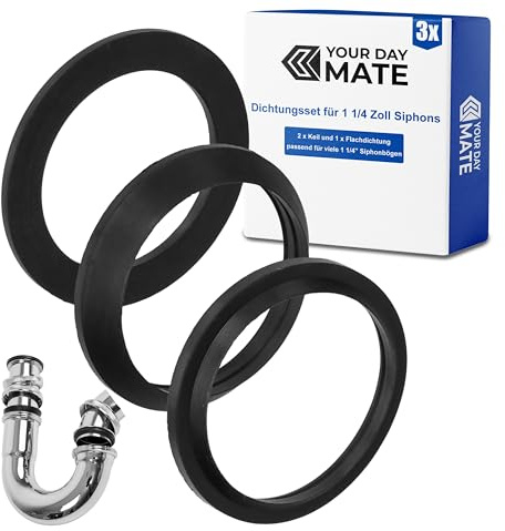 Kit d'étanchéité pour siphon 1 ¼, 2 x joints coniques, 1 x joint plat, en caoutchouc, en Noir, joint d'évacuation pour lavabo 1 1/4 pouce, bagues d'étanchéité pour siphon comme siphon tubulaire