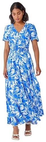 Roman Originals Shirred Empire Waist Dress for Women UK Ladies Midi Maxi Summer Spring Tiered Frill Hem Short Sleeve V Neck Button Through Boho Bohemian Holiday Cruise - Royal Blue - Size 16