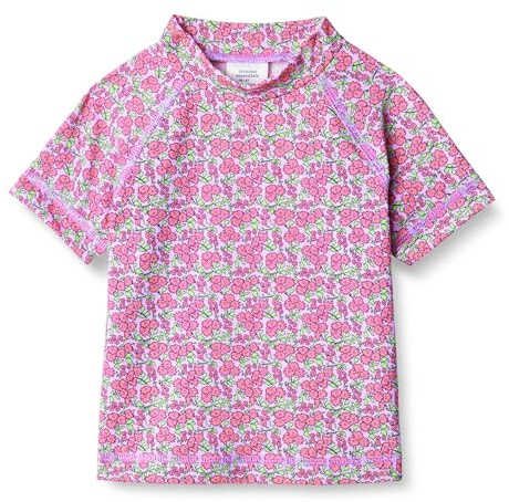 Amazon Essentials T-Shirt Rashguard a Maniche Corte da Ragazza, Motivo Floreale con Fiori Lilla, Rosa Acceso, M