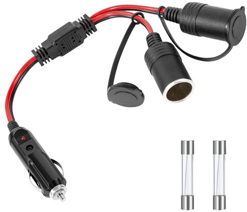 GUNGY Spinotto Accendisigari Auto 12V/24V 1 a 2 Splitter Presa Accendisigari 25cm 16AWG Cavo di Prolunga Accendisigari Auto con Fusibile 15A per Camper Caravan