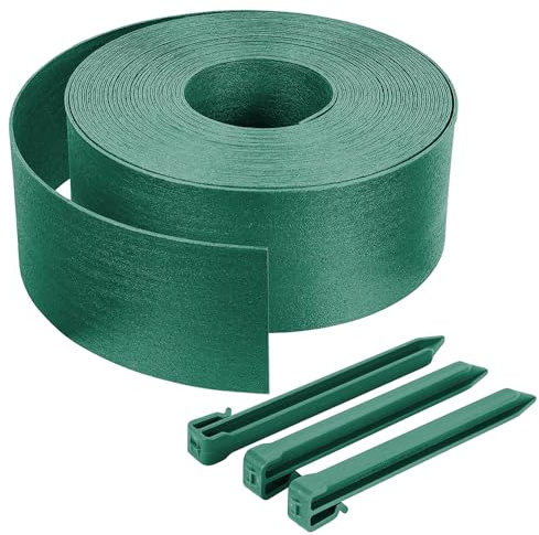 VOUNOT® Borde Jardín Césped Borde, Bordillo Escondido Flexible de PE Aspecto Natural, Longitud 20 m Altura 13 cm Espesor 3 mm con 12 Estacas de Anclaje, Verde