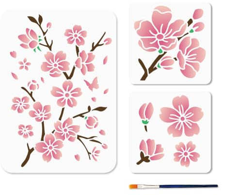 MAYJOYDIY 3 Pochoir Fleur de Cerisier 15×15/29.7×21cm Pochoir pour Peinture Branche de Fleur Modèle en Plastique Fleurs de printemps pour Peinture Sur Bois Bricolage Artisanat Toile Murale
