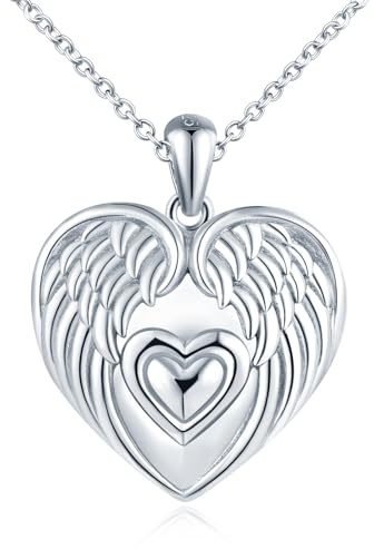 Cuore Portafoto Medaglione Collana Argento 925 Donna: Ali D'angelo Collana di Foto Personalizzata-Ciondolo Portafoto Collane Amuleto Gioielli-Compleanno Anniversario Natale Regali per Lei Argento