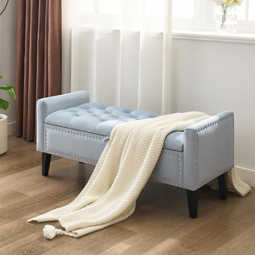 WUTUTUEE 47 Velvet Storage Bench, Upholstered Bed Bench with Storage, End of Bed Ottoman with Wooden Legs,Bedside Storage Bench for Bedroom, Living Room, or Entryway, Blue Grey