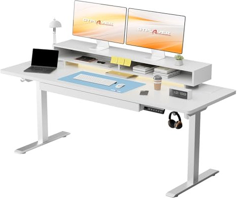 GTPLAYER Höhenverstellbarer Schreibtisch Elektrischer, 120x60cm Schreibtisch mit USB-Ladeanschluss und Steckdose, Schubladen, Monitorständer