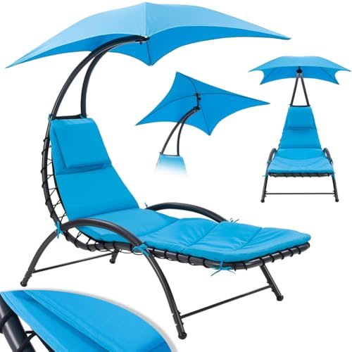 BAKAJI Lettino Sdraio Sospeso da Esterno con Cuscino Imbottito, Poltrona Amaca da Giardino Curva, Seduta Ergonomica e Ombrellone Parasole, Ideale per Patio, Balcone, Terrazzo (Blu)