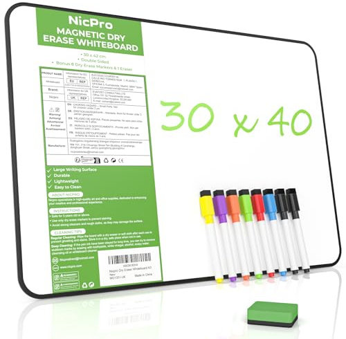 Nicpro A3 Dry Erase Whiteboard with 8 Markers and 1 Eraser, Magnetic Double-Sided White Board with Black Frame, Ideal for Writing & Drawing, Student School, Classroom, Home Use (30x42cm)