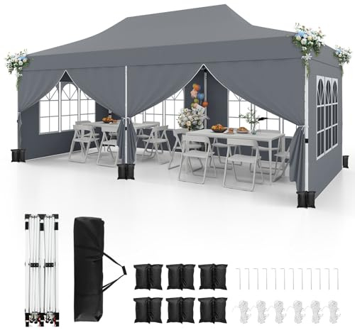 COSTWAY Paviljong 3 x 6 m, vikbar paviljong med 6 sidoväggar och 6 sandsäckar, trädgårdspaviljong, vattentät stabil vintersäker, UV-skydd 50+, festtält med bärväska för trädgård, fest, bröllop (grå)