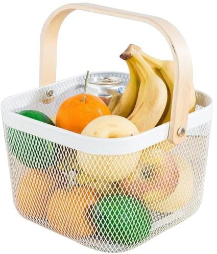 fkngcp Cesta de Malla, 9.7x9.7x6.7 Cesta de Malla de Alambre Hueco, Metal Colgante con Mango de Madera, cestas de Frutas para cocinas, baño, despensa, gabinete, Blanco
