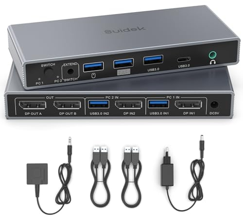 Switch KVM DisplayPort 2 ingressi 2 uscite 4K@60Hz DP1.4 con 3 USB A+1 USB C per condividere 2 monitor, tastiera, mouse e stampante tra 2 computer. Include adattatore di alimentazione 5V