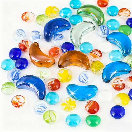 Rdlobu 500 g Colourful Glass Stones for Children, Muggle Stones Colourful Children, Glass Nuggets Decoration for Aquarium, Vase Filler, Treasure Hunt, Home Decoration (Moon and Circles)