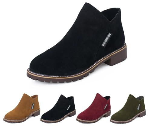 Botines gruesos para mujer, tacón grueso con cremallera lateral, botines de piel de ante retro, cómodos zapatos para caminar, Black, 38 EU