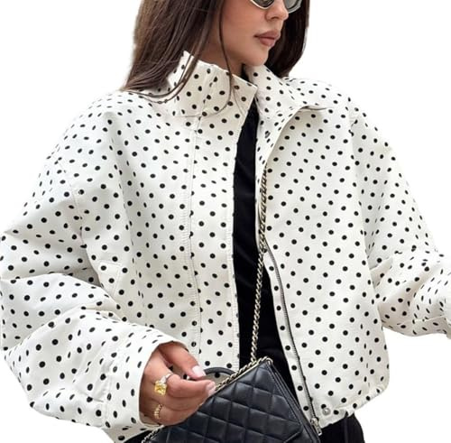 Chaqueta Corta De Solapa Clásica Elegante Retro De Lunares En Blanco Y Negro Para Mujer Chaqueta Deportiva Al Aire Libre Con Dobladillo Con Cordón Y Cremallera Informal Suelta