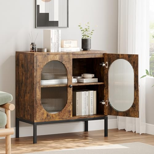 Aparador de cocina con estantes ajustables, armario auxiliar con 2 puertas de cristal, 80 x 40 x 83 cm, armario buffet con patas de tubo de metal alto para cocina, comedor, salón, marrón vintage