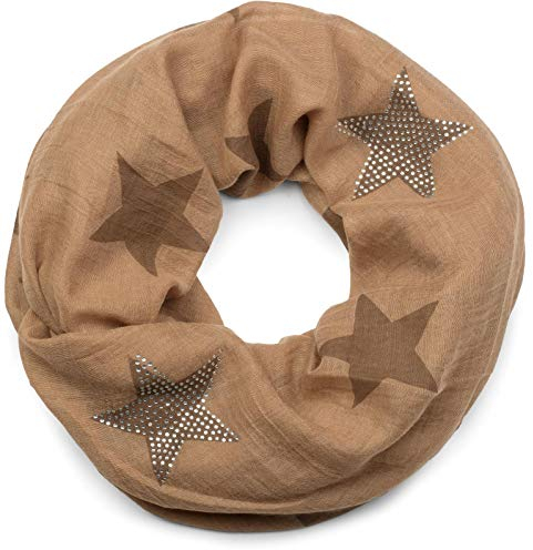 styleBREAKER Loop Schal mit Sterne Muster und edler Strass Applikation, Schlauchschal, Tuch, Damen 01018086, Farbe:Hellbraun-Braun (One Size)