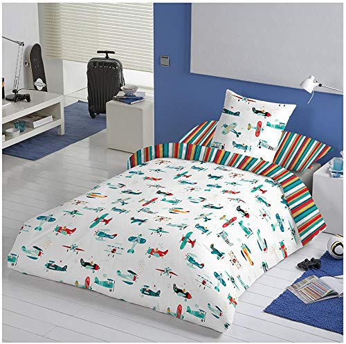 COTTON ARTean Funda nordica Infantil/Juvenil Reversible, AVIONCITOS para Cama de 90 (150x260 de Largo). Multicolor