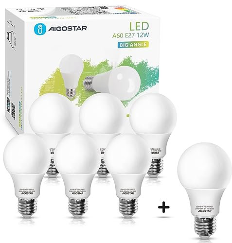 Aigostar Bombilla LED E27 12W, Luz blanca fría 6500K, 1170 lúmenes, Lámpara A60, Ángulo 280º, Ahorro de energía, No regulable - Caja de 7 unidades