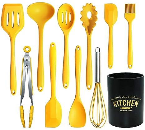 11Pcs Silicone Cooking Utensils Set - Heat Resistant Kitchen Tools, Spatula, Turner, Tongs, Spoon, Whisk, BPA Free, Dishwasher Safe, Nonstick Cookware Utensils (Yellow)