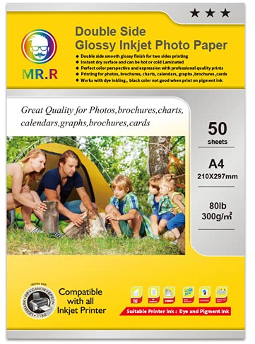 MR.R Papel fotográfico de doble cara con revestimiento brillante de 300 g/m² para impresión de inyección de tinta (A4, 210 x 297 mm, 50 hojas)