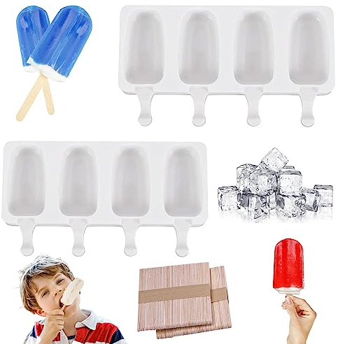 Silicone Gelato Stampo,2pcs stampi per Gelato al Cioccolato,Stampi per Ghiaccioli Cavità Ovali Classiche 4,con 100 Bastoncini di Legno,Ideale per la Preparazione di Ghiaccioli, Gelati, Sorbetti