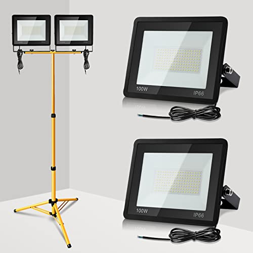 Ikodm Foco Proyector LED de Construcción con Trípode, Pack de 2, 100W, 8500lm, 6000K, Blanco Frío, con Cable de 1m, IP66 a Prueba de Agua, Foco Proyector para Obra (Sin Enchufe)