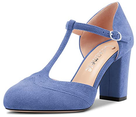 Castamere Donna Chunky Blocco Alto High Tacco Heel Rotonda Punta Pumps T-Strap Fibbia da Matrimonio Ufficio 8.5 CM Heels Blu 40 EU