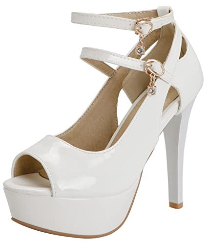 Femme Escarpins À Talons Aiguilles Peep Toe Pompes de Mode Boucle Chaussures de Soirée À Talons Hauts avec Plateforme Bride Cheville, 1448Pod Blanc Taille 44 EU