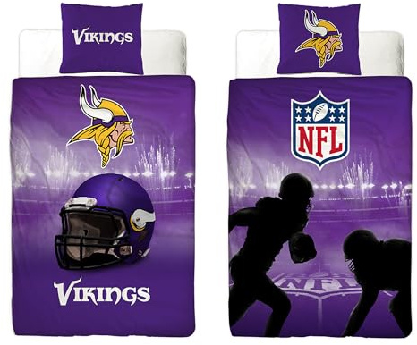 NFL Bettwäsche Minnesota Vikings 135 x 200 cm + 80 x 80 cm 100% Baumwolle Renforcé-Linon-Qualität Reißverschluss American Football Fan Super Bowl Viktor Viking Ragnar Wende-Bezug deutsche Größe
